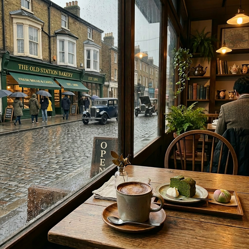 Coffee cup with frothy top, green cake with cream, and a pink confection on a wooden table inside a cafe with rainy window view
